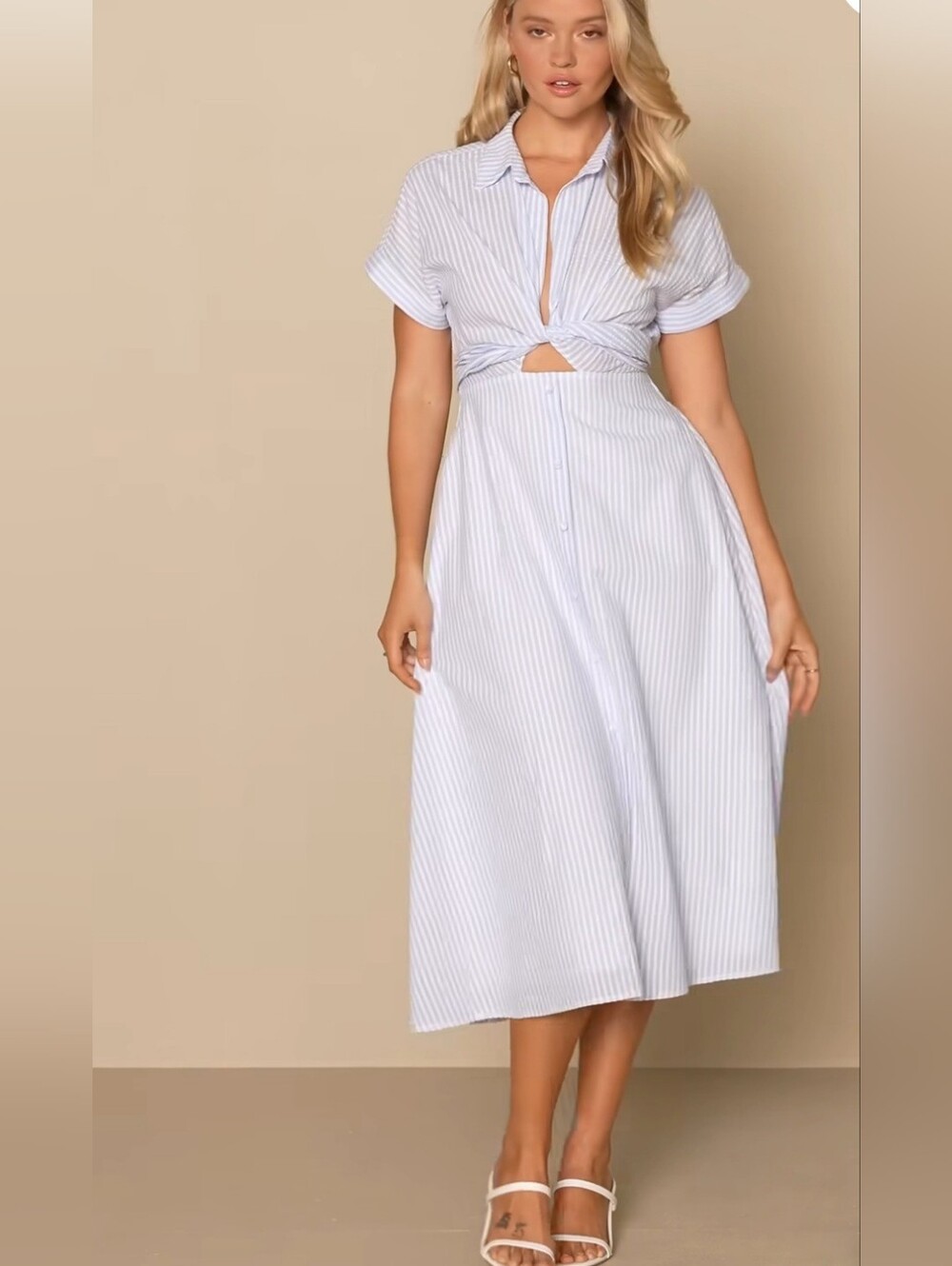 Lulu's Light Blue & White Stripe Twist Cutout Midi Spring SummerDress